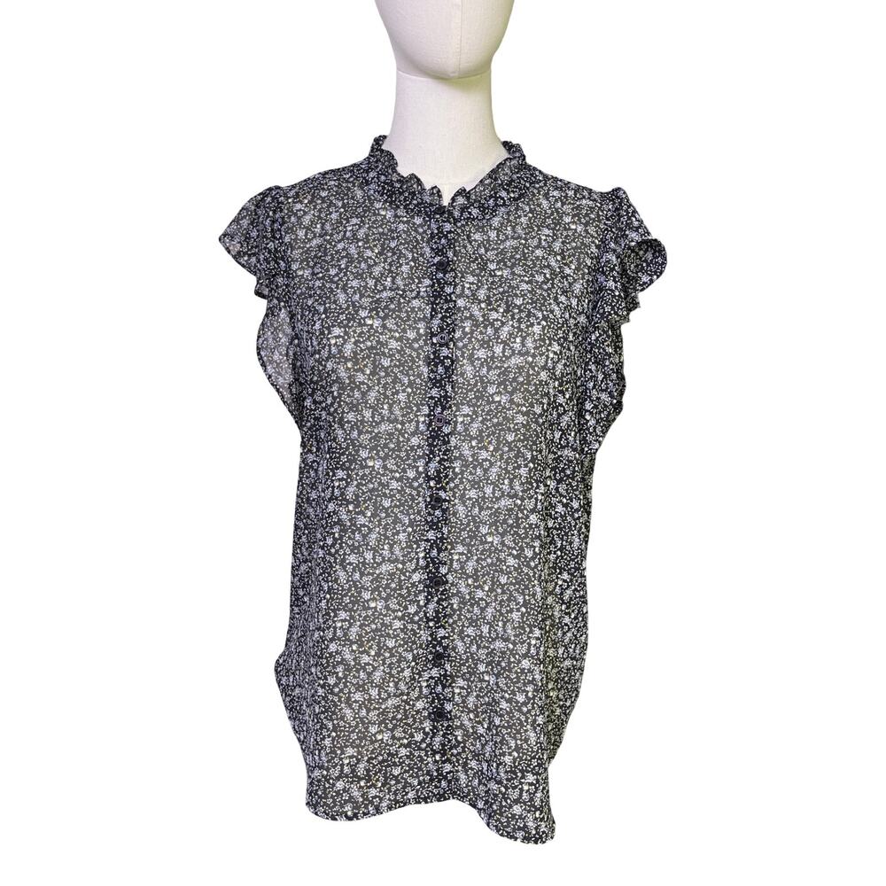 Pleione Sheer Ditsy Floral Ruffle Flutter Sleeve Blouse Black Medium Feminine